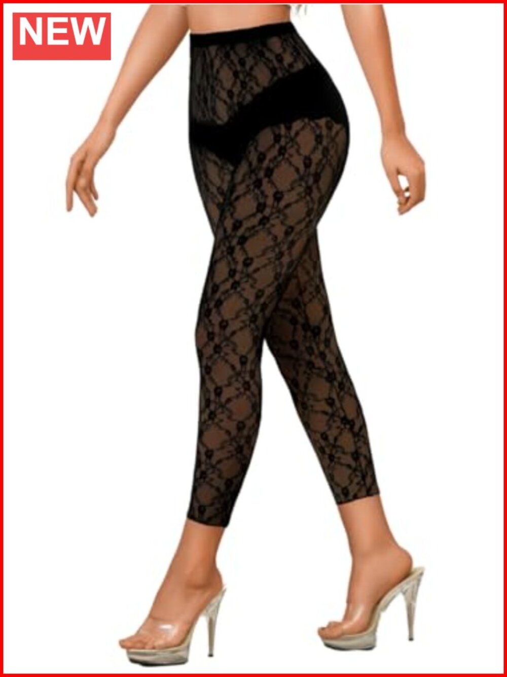 Floral Lace High Waisted Footless Tights Sheer Mesh Pants for Women